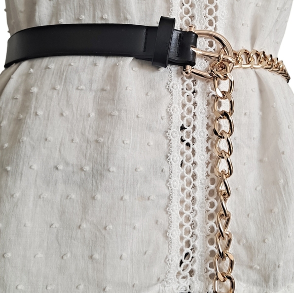 Womens edgy black Faux leather Y2K metal gold chain waist punk rock dress belt - Picture 10 of 17